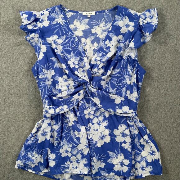 Pleione Blue Floral Flutter Sleeve Blouse Women's Medium V-Neck Drape Twist - Picture 1 of 10
